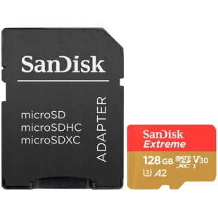 SANDISK Extreme microSDXC 128GB + SD Adapter + 1 year RescuePRO Deluxe up to 190MB/s & 90MB/s Read/Write speeds A2 C10 V30 UHS-I U3