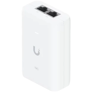 Ubiquiti U-POE+ adapter 30W, powers UniFi PoE+ devices, reduce dependency on PoE switch power, Contains RJ45 data input, AC cable with earth ground, and PoE+ output