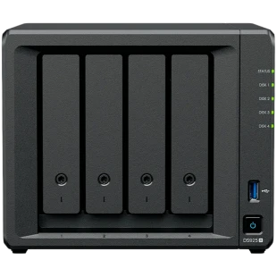 Synology DiskStation DS925+ Tower, 4-Bays 3.5'' SATA HDD/SSD, 2 x M.2 2280 NVMe SSD slot, CPU AMD Ryzen V1500B 4-core 2.2 GHz, 4 GB DDR4 ECC SODIMM, 2x RJ-45 2.5 GbE LAN Port; 2x USB 3.2; 1 xUSB Type-C expansion port; 2.26 kg; 3yr warranty