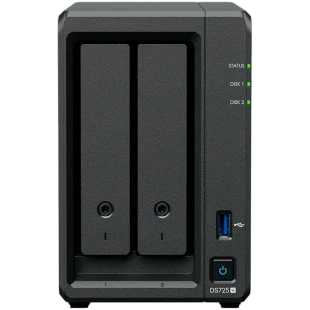Synology DS725+, Tower, 2-Bays 3.5'' SATA HDD/SSD, 2 x M.2 2280 NVMe SSD, CPU AMD Ryzen R1600 dual-core (4-thread), max. boost up to 3.1 GHz, 4 GB DDR4 ECC SODIMM, 1 x 2.5 GbE, 1 x 1GbE, 1 x USB 3.2, 1 x eSATA USB-C, 1.51 kg, 3y