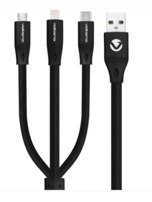 Kabl Volkano VK-20086-BK Slim Series Flat PVC 3-in-1 USB-C/Lightning/Micro