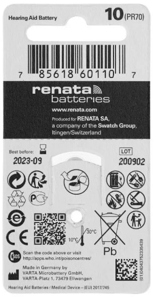 Renata baterija ZA10 1,45V Zink-Air baterija za SLUSNI APARAT, Pakovanje 6kom