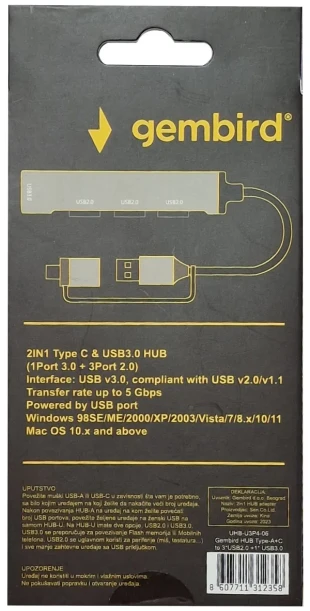 GEMBIRD UHB-U3P4-06 ** Gembird HUB Type-A+C to 3*USB2.0 + 1*USB3.0 Aluminum (287)