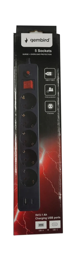 GEMBIRD SPG5-B-6(3G1.5)**Gembird produzni kabl sa zastitom 5 uticnica, 5V/3.1A USB-A+C 16A/3500W 1.8m (703)