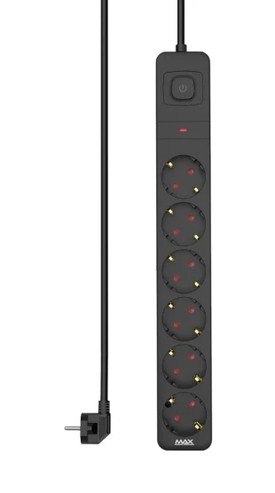 Produžni kabl sa prenaponskom zaštitom/prekidač/indikator 6 utičnice 1.4m Max MPS-306SOPB-1.4M Crni