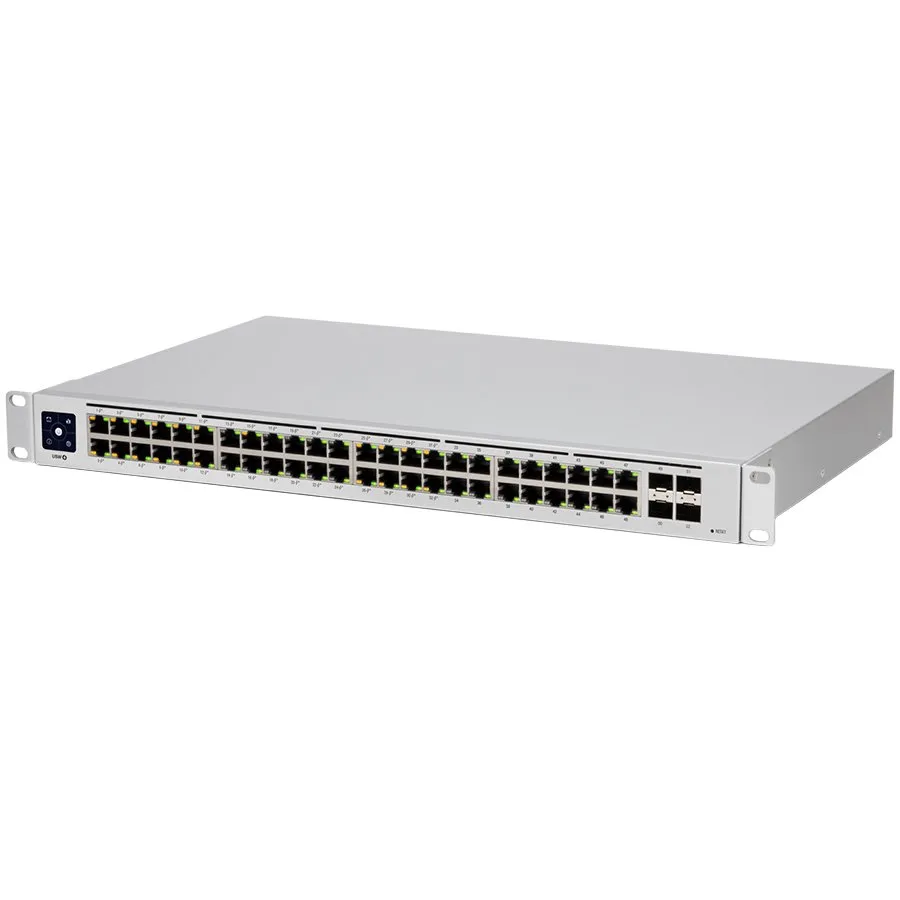 Ubiquiti USW-48-PoE, Layer 2 PoE switch, 32 x GbE PoE+, 16 x GbE ports, 4 x 1G SFP ports, 195W total PoE Power, Fanless, silent cooling, ESD/EMP protection, 1.3" touchscreen LCM display, Rackmount (Kit included) Slika 1