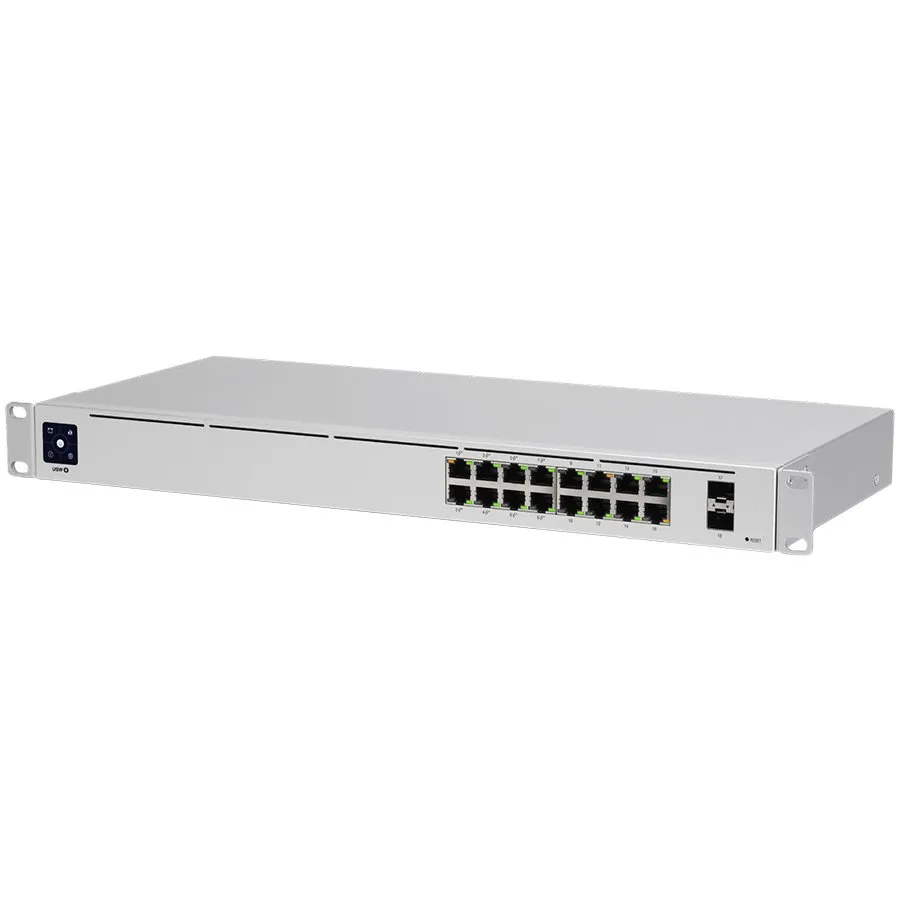 Ubiquiti USW-16-PoE 16-port Layer 2 PoE switch, 8 x GbE PoE+, 8 x GbE ports, 2 x 1G SFP ports, 42W total PoE Power, fanless, silent cooling, ESD/EMP protection, 1.3" touchscreen LCM display, Rackmount (Kit included) Slika 1