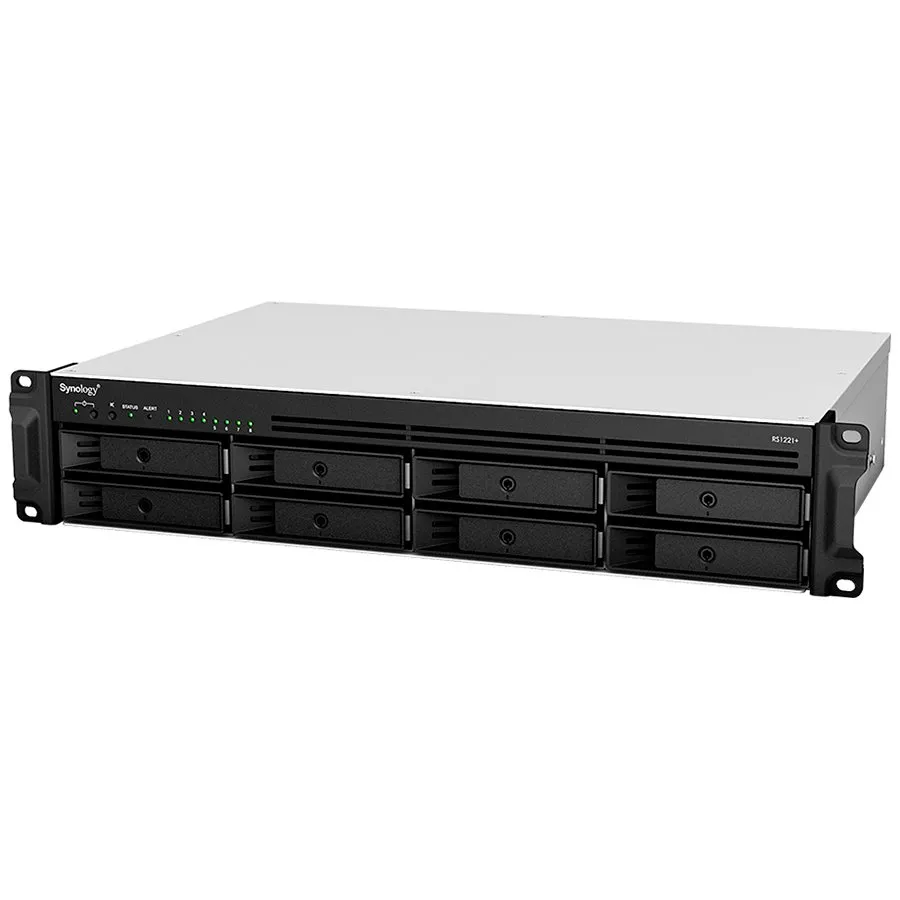 Synology RackStation RS1221+; Rack 2U, 8-bay 3.5''/2.5" SATA HDD/SSD, AMD Ryzen V1500B 4-core 2.2GHz; 4GB DDR4 ECC SODDIM,2x Memory slots; 4x RJ-45 1GbE LAN Port; 2xUSB 3.2; eSATA port; PCI Gen2x8 slot (x4 link); 6.9 kg; 3yr wrnty Slika 1