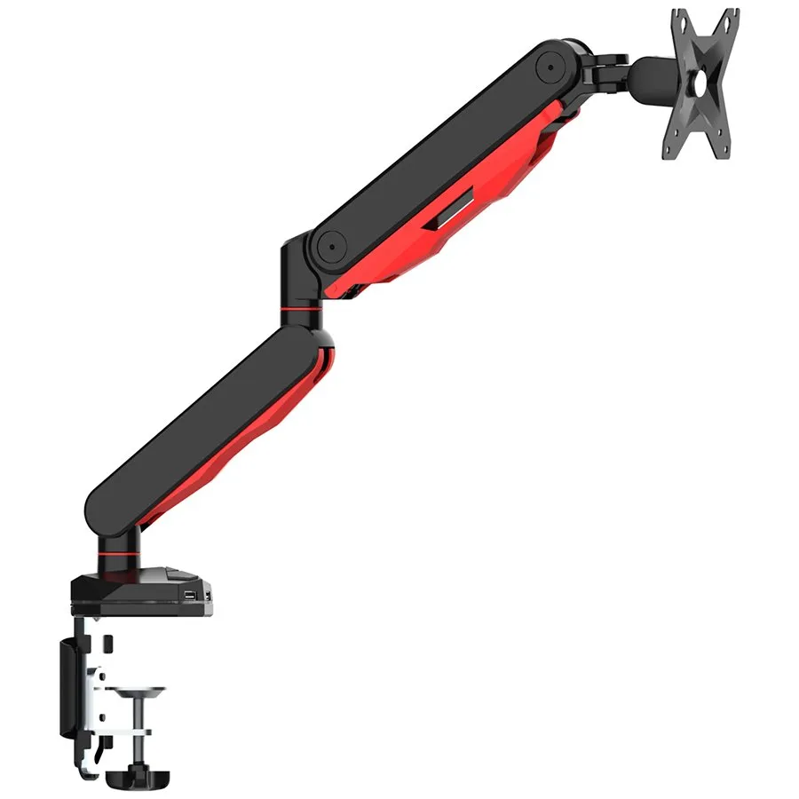 Gaming desk mount for single monitor with height adjustable gas spring. Deskmount with clamp or grommet. Monitor up to 9kg, VESA 75x75 or 100x100mmUSB ports (1x power only, 1x loop through USB) Red light effect in base Slika 1