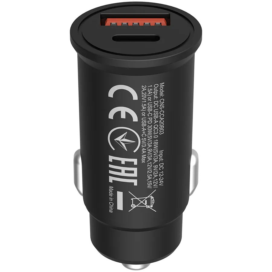 CANYON C-20B03, PD 30W/QC3.0 18W Pocket size car charger with 1-USB A+ 1-USB-C Input: DC12V-24V, Output: USBC: PD30W( 5V3A/9V3A/12V2.5A/15V2A/20V1.5A),USB-A:QC3.0 18W (5V3A Slika 2