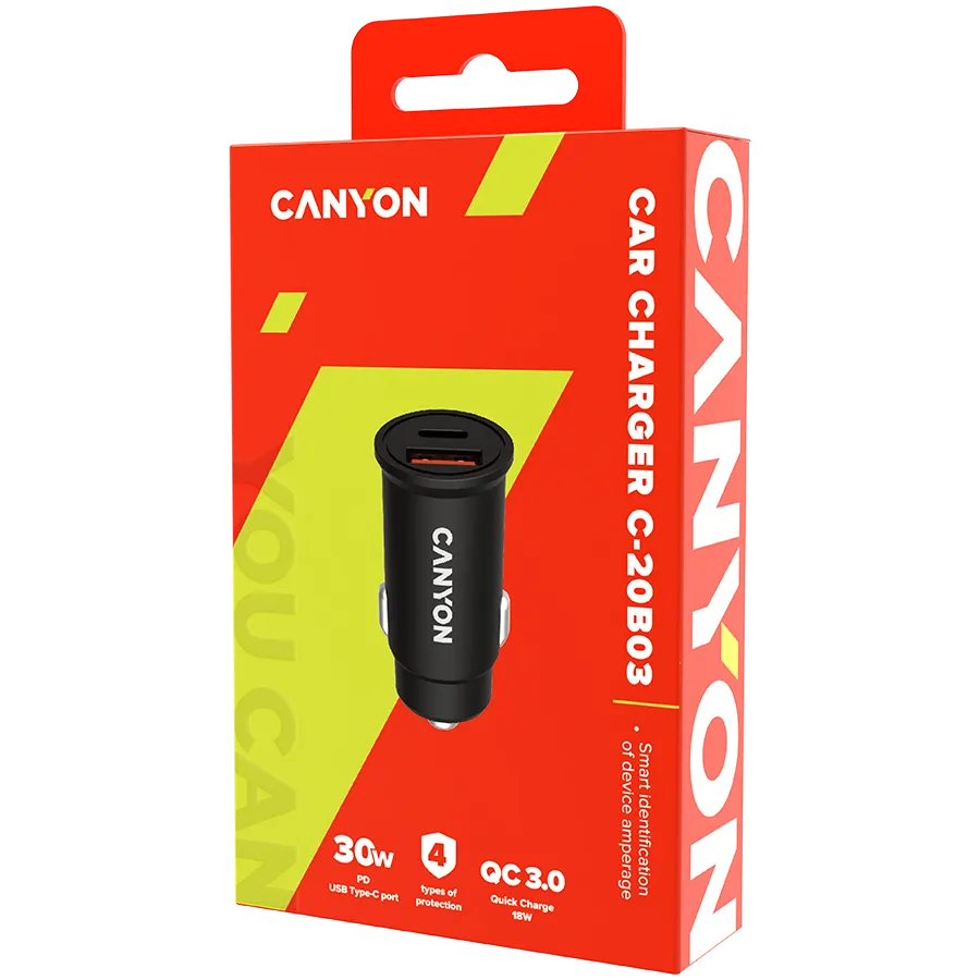 CANYON C-20B03, PD 30W/QC3.0 18W Pocket size car charger with 1-USB A+ 1-USB-C Input: DC12V-24V, Output: USBC: PD30W( 5V3A/9V3A/12V2.5A/15V2A/20V1.5A),USB-A:QC3.0 18W (5V3A Slika 3