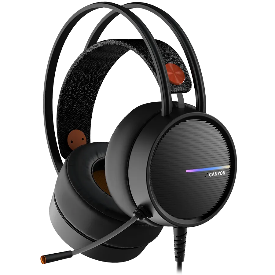 CANYON INTERCEPTOR GH-8A, Gaming headset 3.5mm jack plus USB connector for LED backlight, adjustable microphone and volume control, with 2in1 3.5mm adapter, cable 2M, Black and Orange, 0.36kg Slika 1