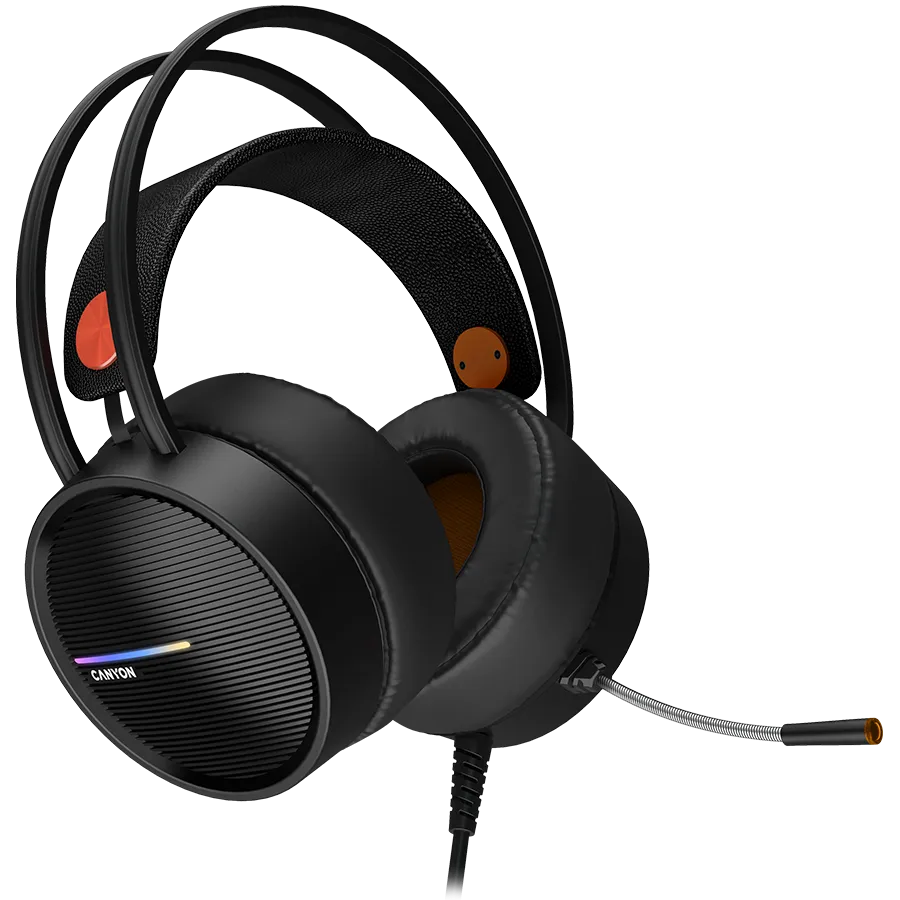 CANYON INTERCEPTOR GH-8A, Gaming headset 3.5mm jack plus USB connector for LED backlight, adjustable microphone and volume control, with 2in1 3.5mm adapter, cable 2M, Black and Orange, 0.36kg Slika 2