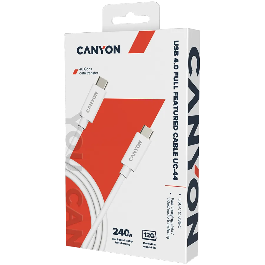 CANYON UC-44, cable, U4-CC-5A1M-E, USB4 TYPE-C to TYPE-C cable assembly 40G 1m 5A 240W(ERP) with E-MARK, CE, ROHS, white Slika 2