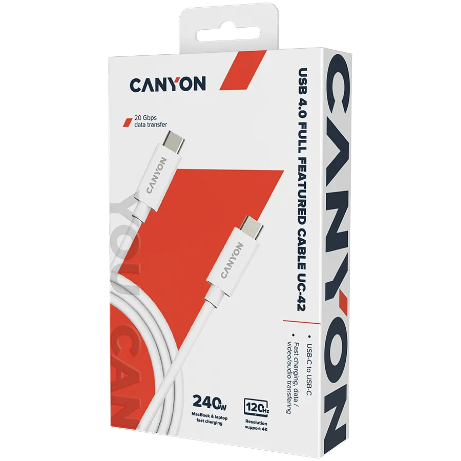 CANYON UC-42, cable, U4-CC-5A2M-E, USB4 TYPE-C to TYPE-C cable assembly 20G 2m 5A 240W(ERP) with E-MARK, CE, ROHS, white Slika 2