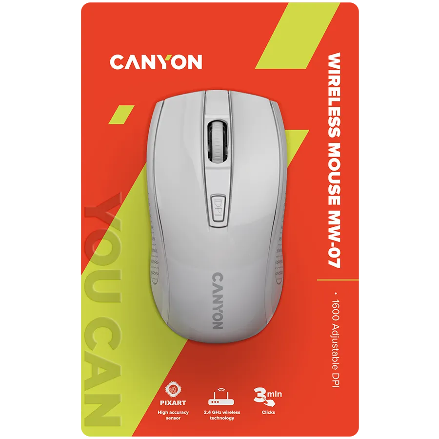 CANYON MW-7, 2.4Ghz wireless mouse, 6 buttons, DPI 800/1200/1600, with 1 AA battery ,size 110*60*37mm,58g,white Slika 6