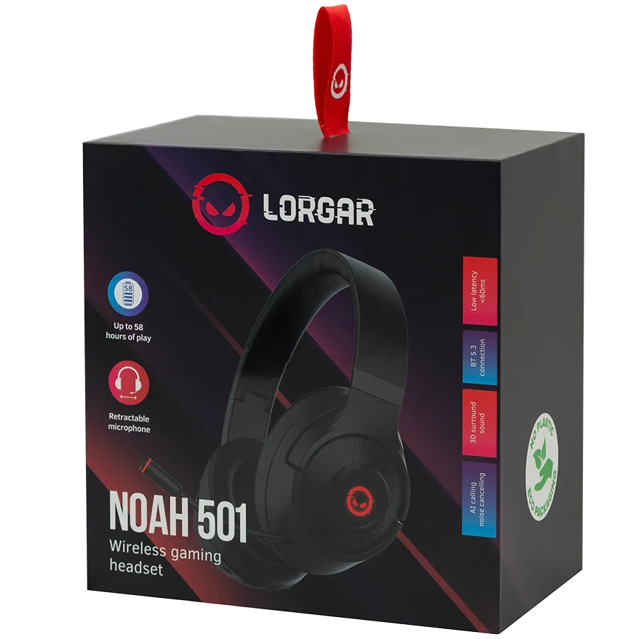 Lorgar Noah 501, gaming bluetooth headset with microphone, BT 5.3 JL7006, battery 1000mAh, type-C charging cable 0.8m, audio cable 1.5m, size:195*185*80mm, 0.28kg. Black Slika 4