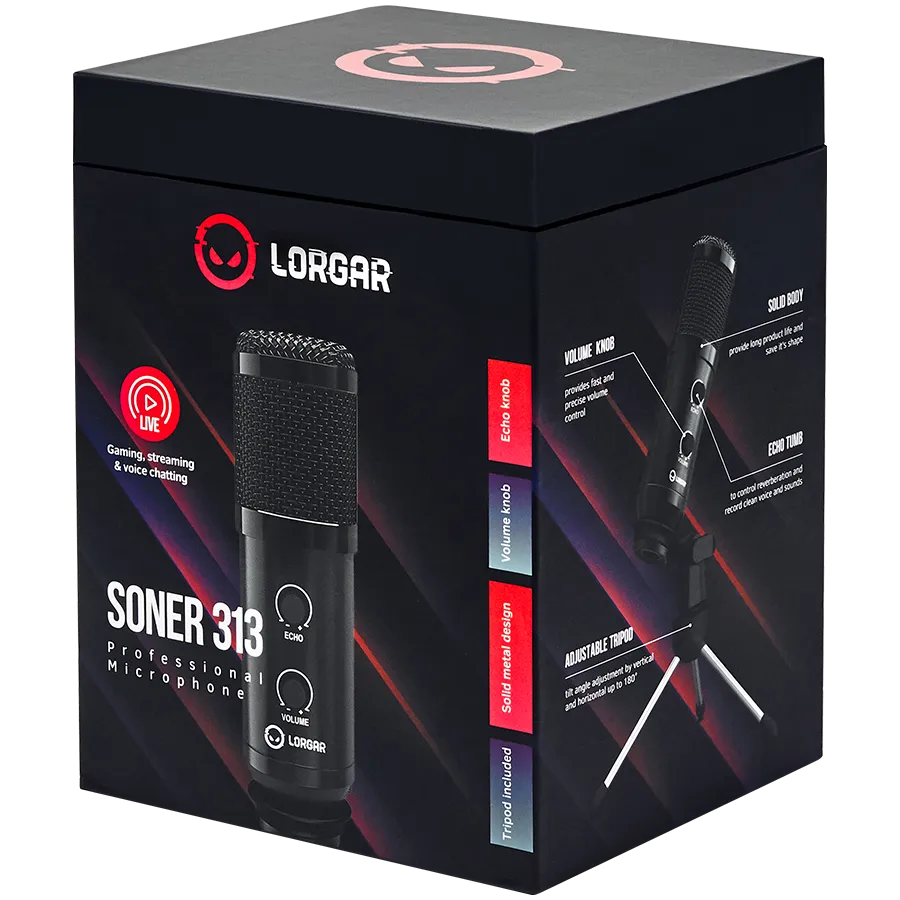 LORGAR Soner 313, Gaming Microphones, Black, USB condenser microphone with Volume Knob & Echo Kob, including 1x Microphone, 1 x 2.5M USB Cable, 1 x Tripod Stand, 1 x User Manual, body size: Φ47.4*158.2*48.1mm, weight: 243.0g Slika 8