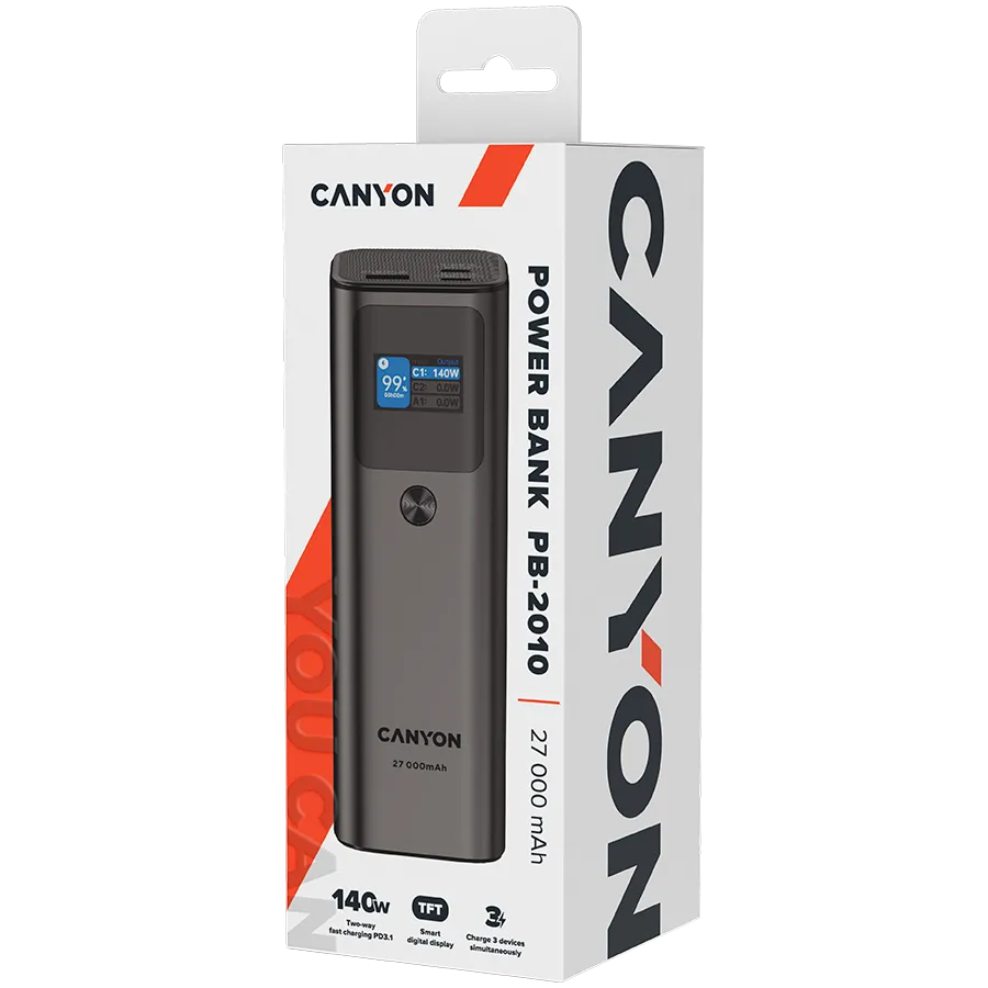 CANYON power bank PB-2010 TFT 27000 mAh 97.2Wh PD140W QC 3.0 Dark Grey Slika 7