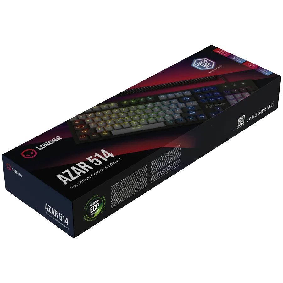 LORGAR Azar 514, Wired mechanical gaming keyboard, RGB backlight, 1680000 colour variations, 18 modes, keys number: 104, 50M clicks, linear dream switches, spring cable up to 3.4m, ABS plastic+metal, magnetic cover, 450*136*39mm, 1.17kg, black, EN layout Slika 8