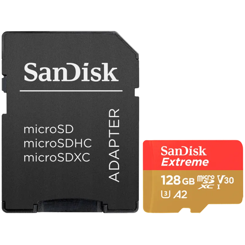 SANDISK Extreme microSDXC 128GB + SD Adapter + 1 year RescuePRO Deluxe up to 190MB/s & 90MB/s Read/Write speeds A2 C10 V30 UHS-I U3 Slika 1