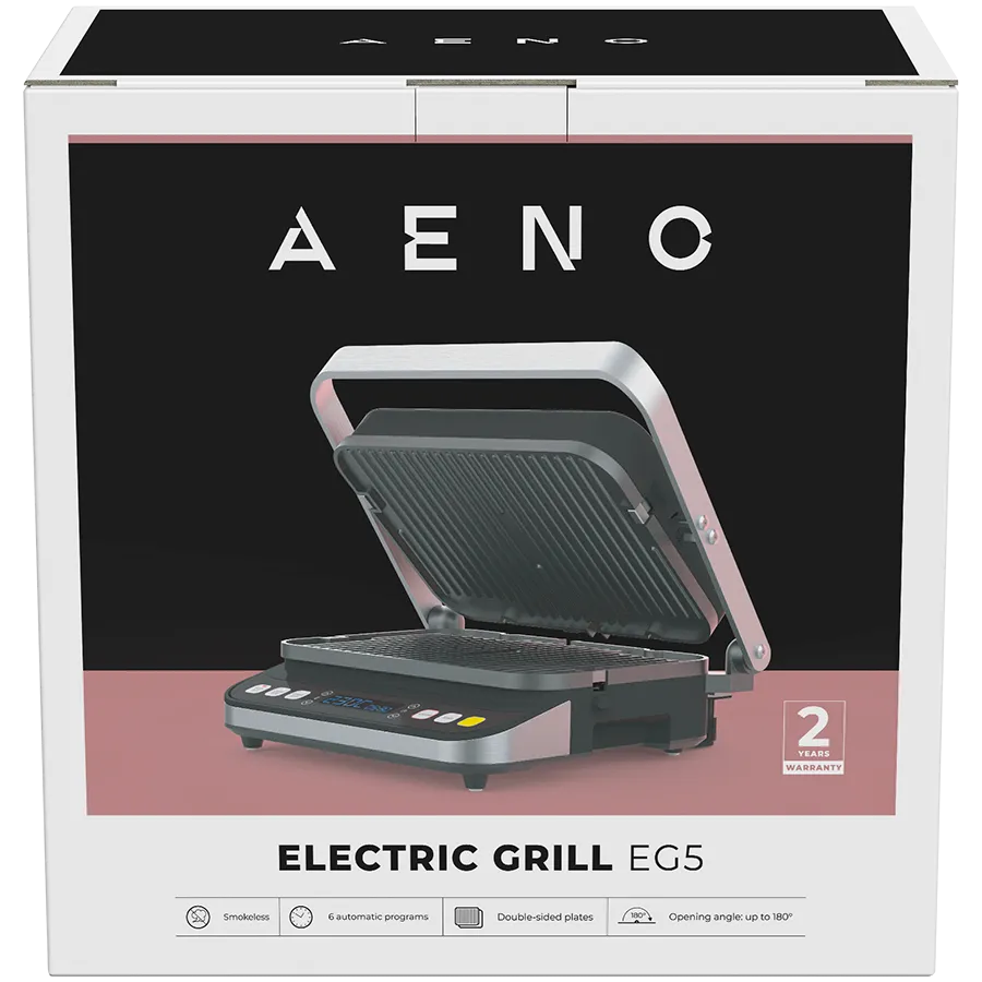 AENO ''Electric Grill EG5: 2000W, 2 heating modes - Lower Grill, Both Grills, 6 preset programs, Defrost, Max opening angle -180°, Temperature regulation, Timer, Removable double-sided plates, Plate size 320*220mm'' Slika 9