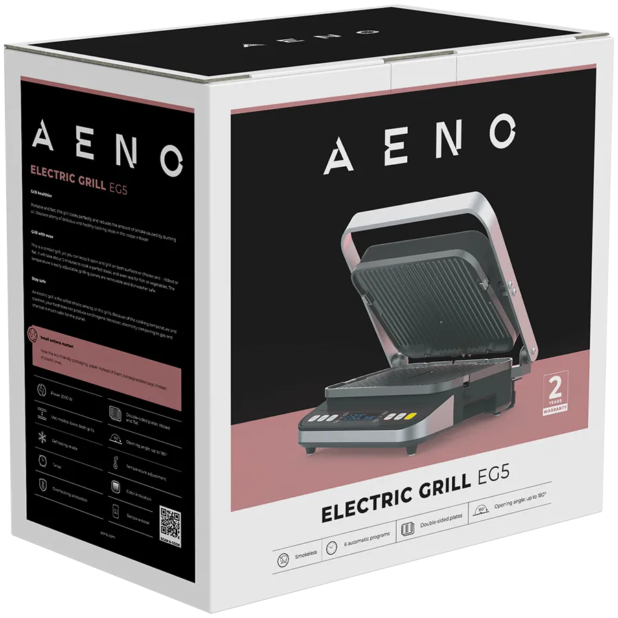 AENO ''Electric Grill EG5: 2000W, 2 heating modes - Lower Grill, Both Grills, 6 preset programs, Defrost, Max opening angle -180°, Temperature regulation, Timer, Removable double-sided plates, Plate size 320*220mm'' Slika 11