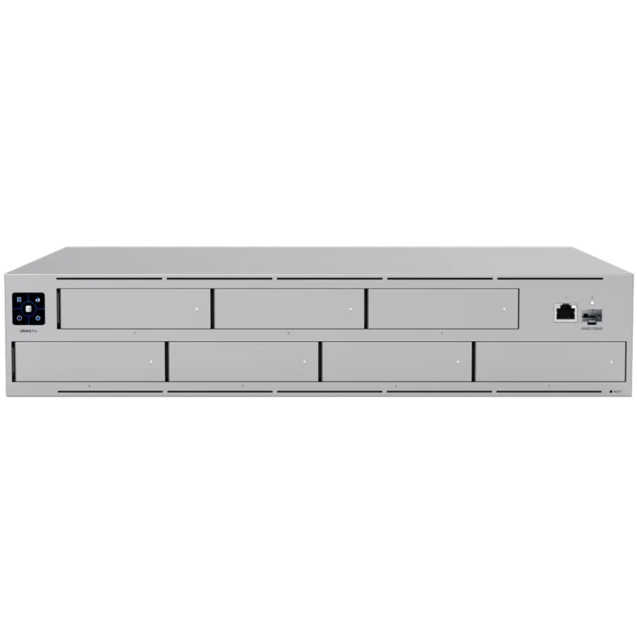 Ubiquiti UNAS-Pro-EU 2U rack-mount NAS with (7) 2.5/3.5" drive bays and 10 Gbps performance designed for large-scale file storage and sharing, (7) 2.5/3.5" HDD / SSD support, 10G SFP+ uplink and (1) GbE RJ45 port Slika 1
