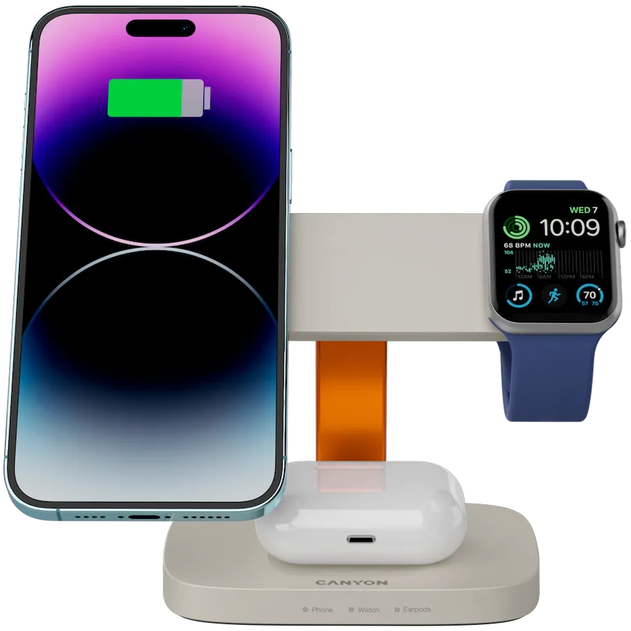 CANYON Wireless Charging Station Hexagon 310 3in1 LightGrey/Orange Slika 5