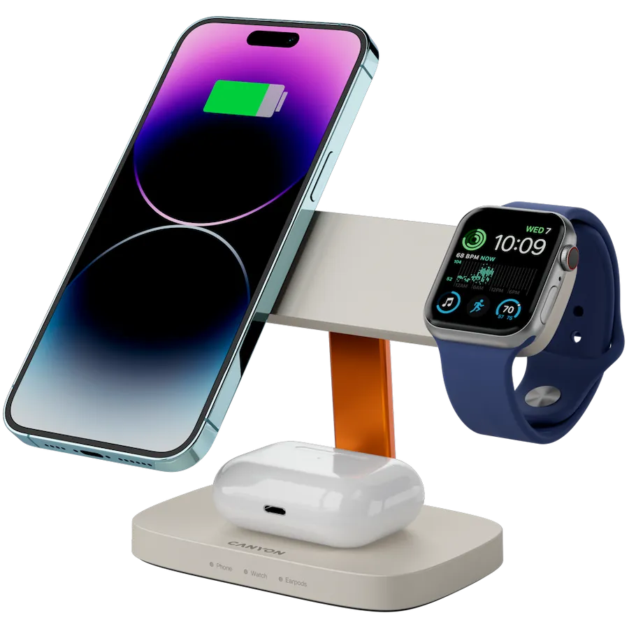 CANYON Wireless Charging Station Hexagon 310 3in1 LightGrey/Orange Slika 6