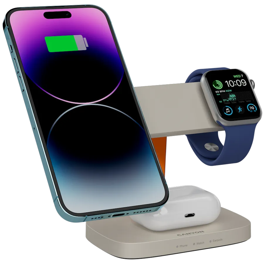 CANYON Wireless Charging Station Hexagon 310 3in1 LightGrey/Orange Slika 7