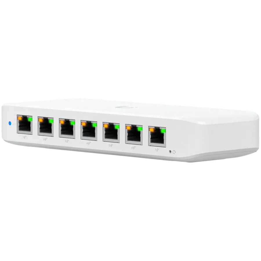 Ubiquiti USW-Ultra-210W-EU compact, Layer 2, 8-port GbE PoE switch with versatile mounting options, 7x GbE PoE+ output ports, GbE port with optional PoE++ input, 202W PoE availability with the included AC power adapter Slika 2