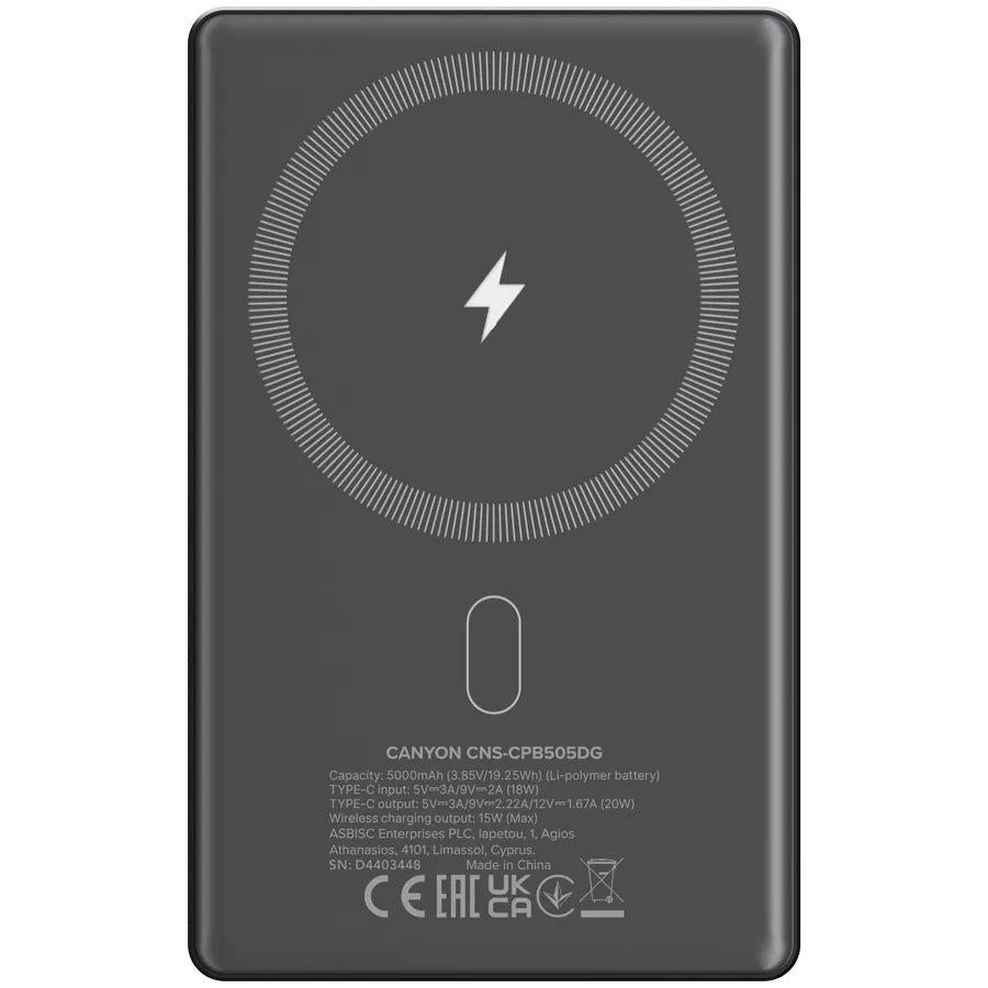 CANYON power bank OnPower 505 slim Magnetic 5000 mAh PD20W Dark Grey Slika 3
