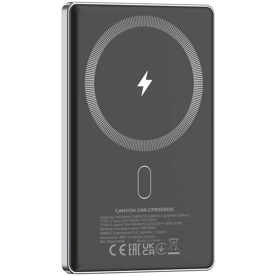 CANYON power bank OnPower 505 slim Magnetic 5000 mAh PD20W Dark Grey Slika 4