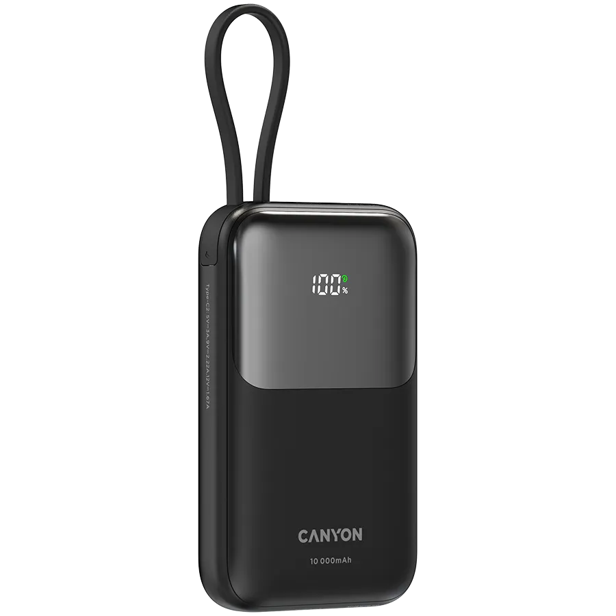 CANYON power bank OnPower 101 built-in cable 10000 mAh PD22.5W Black Slika 3