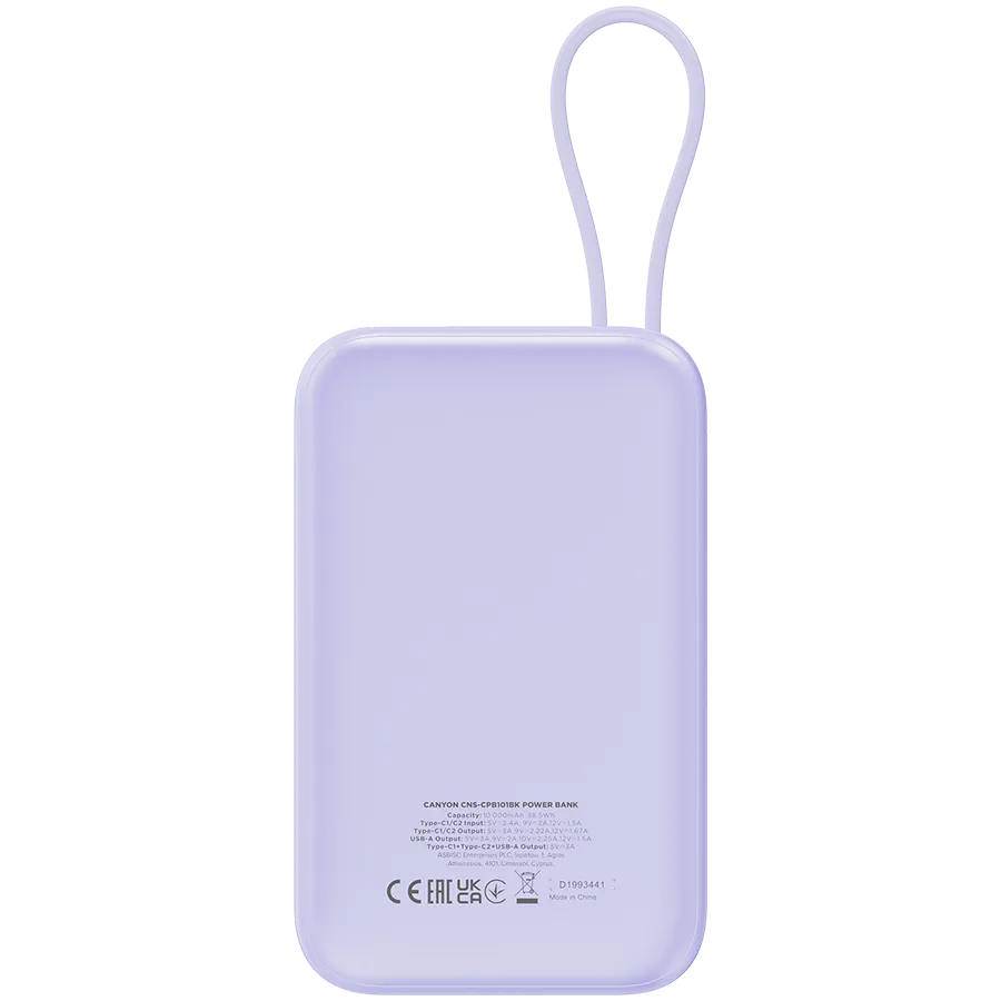 CANYON power bank OnPower 101 built-in cable 10000 mAh PD22.5W Purple Slika 4