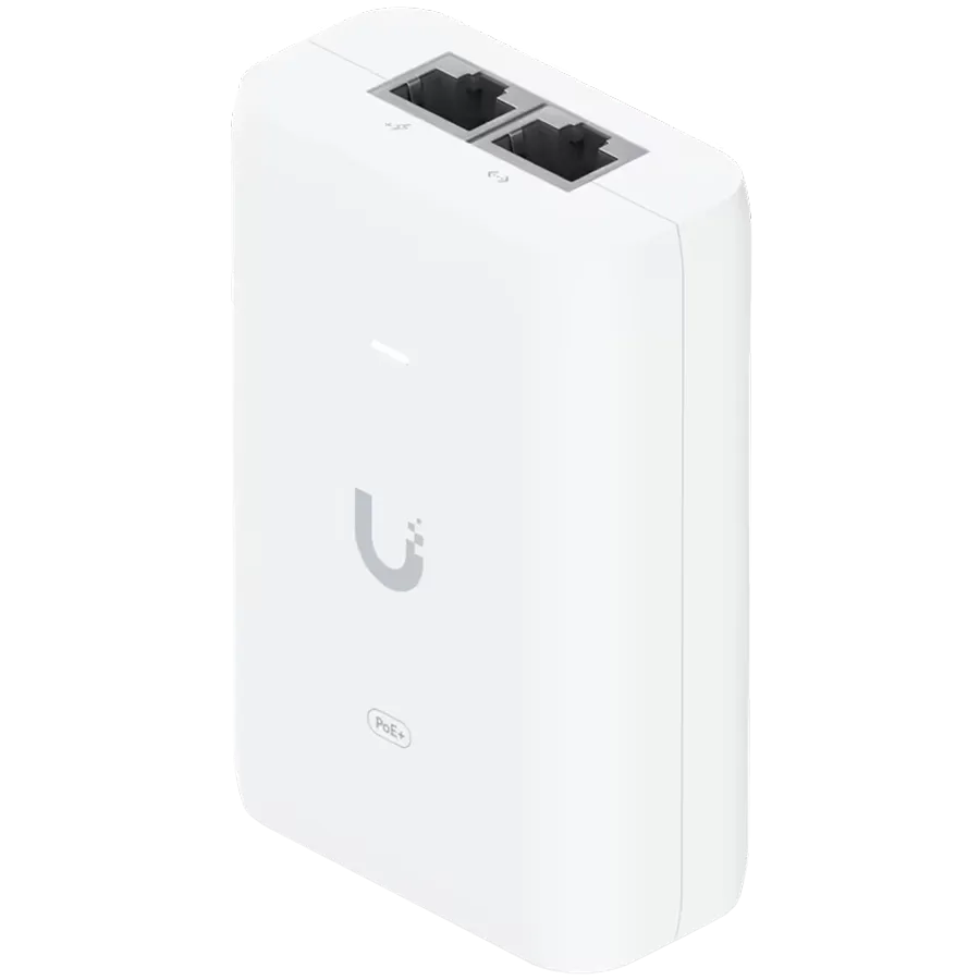 Ubiquiti U-POE+ adapter 30W, powers UniFi PoE+ devices, reduce dependency on PoE switch power, Contains RJ45 data input, AC cable with earth ground, and PoE+ output Slika 1