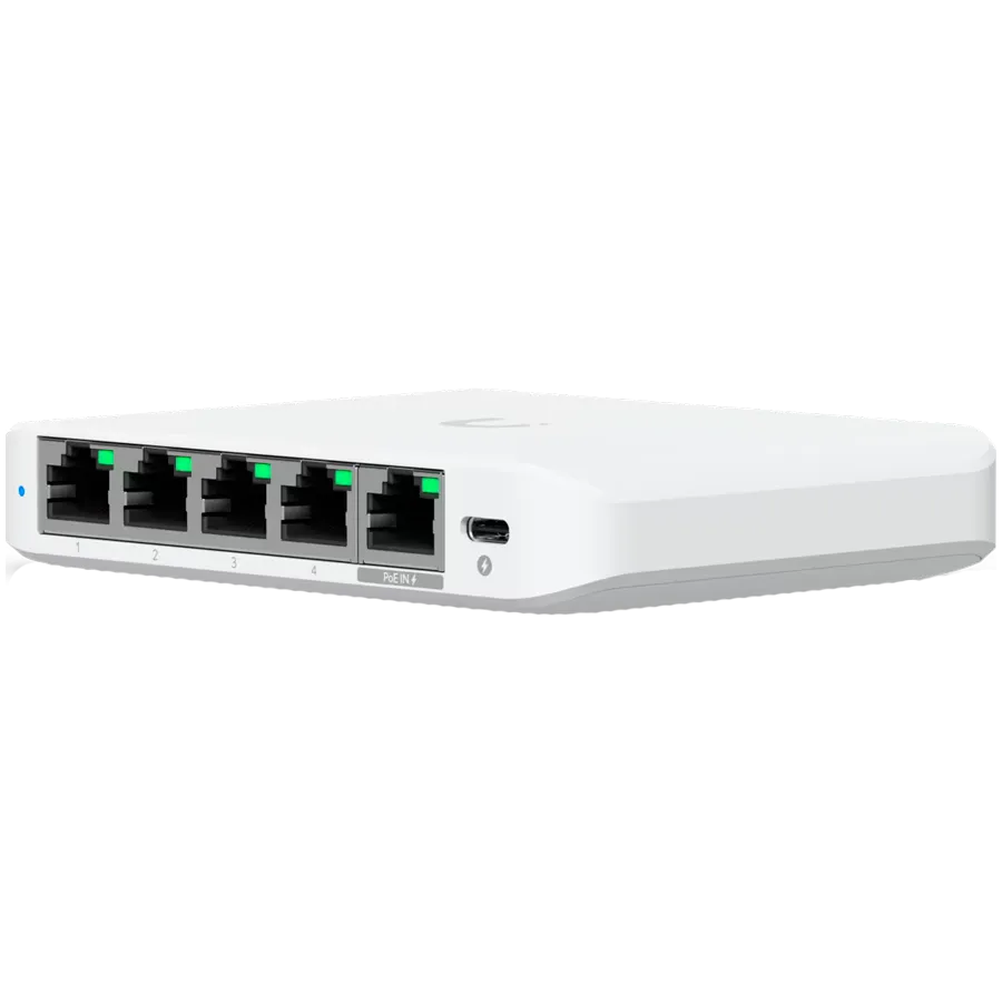 Ubiquiti 5-port 2.5G switch that can be powered with PoE or a USB-C adapter; 4x 2.5 GbE ports, 2.5 GbE PoE input port for power Slika 1