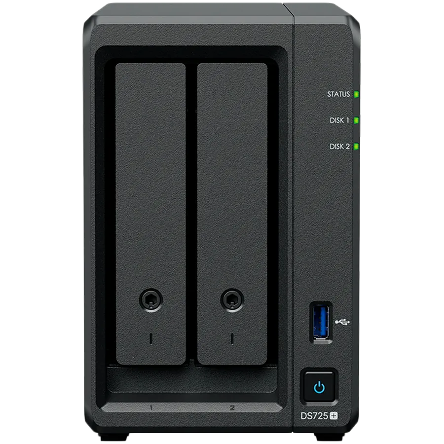 Synology DS725+, Tower, 2-Bays 3.5'' SATA HDD/SSD, 2 x M.2 2280 NVMe SSD, CPU AMD Ryzen R1600 dual-core (4-thread), max. boost up to 3.1 GHz, 4 GB DDR4 ECC SODIMM, 1 x 2.5 GbE, 1 x 1GbE, 1 x USB 3.2, 1 x eSATA USB-C, 1.51 kg, 3y Slika 1