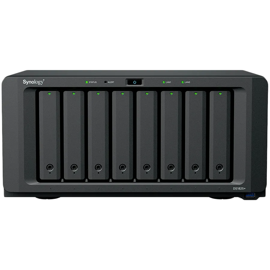 Synology DiskStation DS1825+, Tower, 8-BAY 3.5'' SATA HDD/SSD,  2xM.2 2280 NVMe SSD, CPU AMD Ryzen Quad-Core 2.2 GHz, 8GB DDR4, 2xRJ-45 2.5GbE LAN Port, 3xUSB 3.2, 2 x USB-C expansion ports (Expandable to 18 Bays with 2 x DX525), 1xGen3 x8 PCIe,3y Slika 1