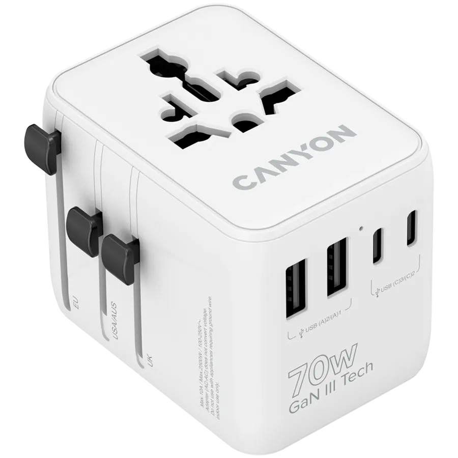 CANYON Travel Adapter OnTour 70 EU/UK/US/AUS 70W White Slika 1