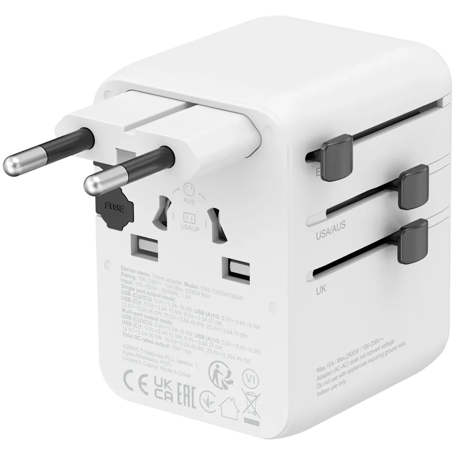 CANYON Travel Adapter OnTour 70 EU/UK/US/AUS 70W White Slika 3