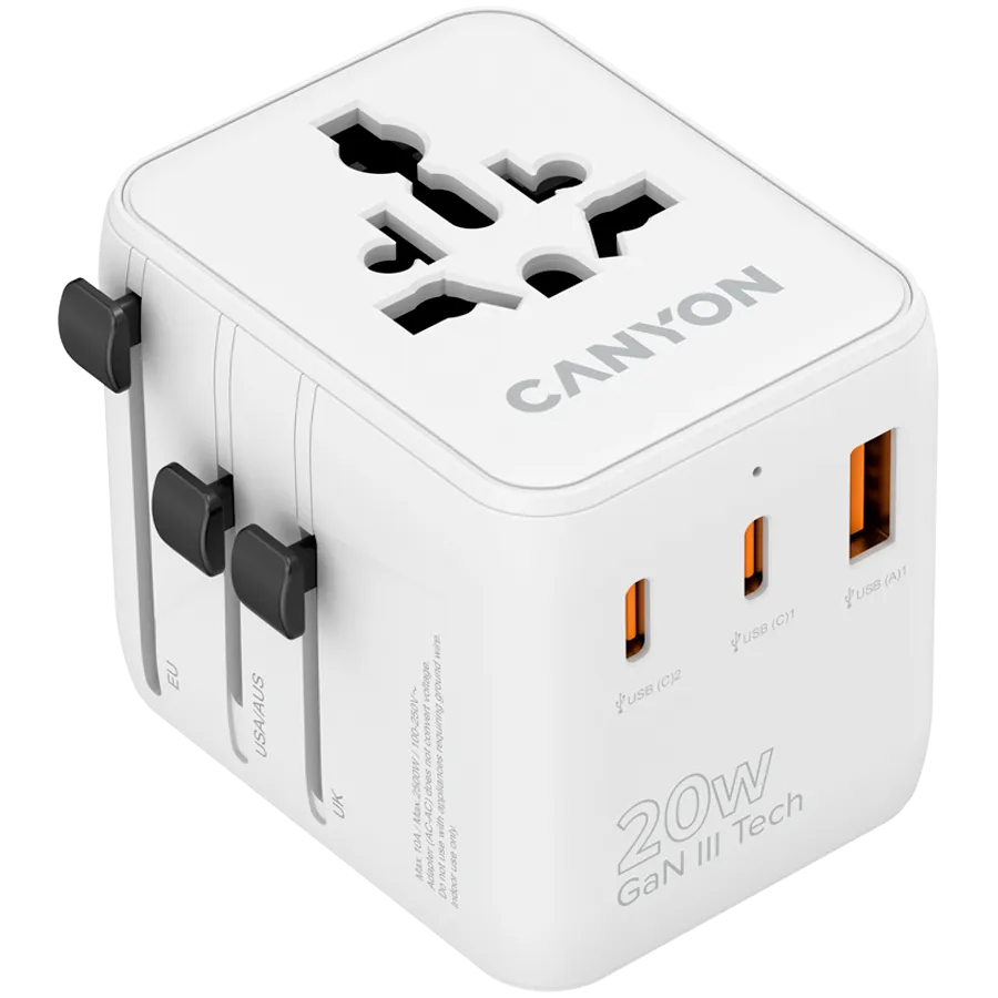 CANYON Travel Adapter OnTour 20 EU/UK/US/AUS 20W White Slika 1