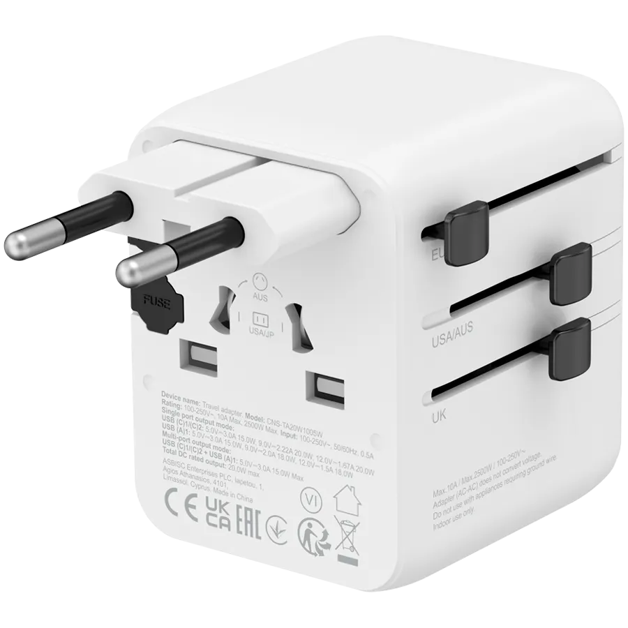 CANYON Travel Adapter OnTour 20 EU/UK/US/AUS 20W White Slika 2