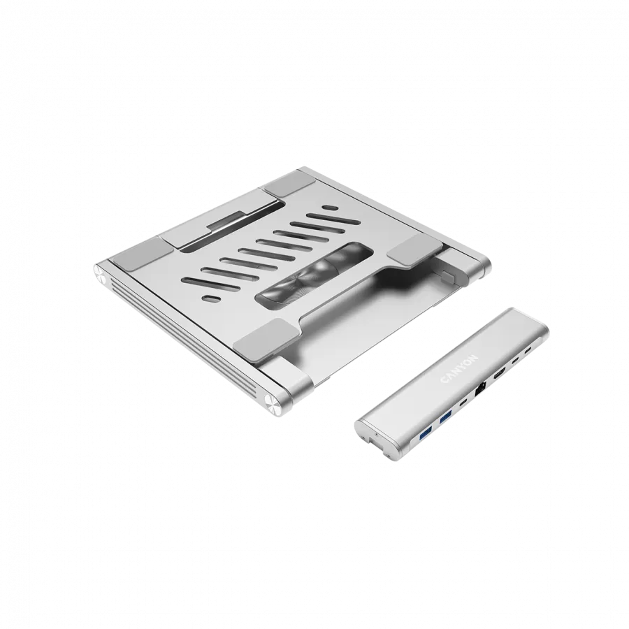 Canyon Laptop stands with hub, TYPE C F to HDMI2.0+2USB3.0+USBC3.0+RJ45+PD, TYEP C TO C cable 1m white with Emarker: HUSB332A, Material: Aluminum case+ABS+PS, Size: 245x240x27.2+/-0.3mm, Weight:1304g Slika 2