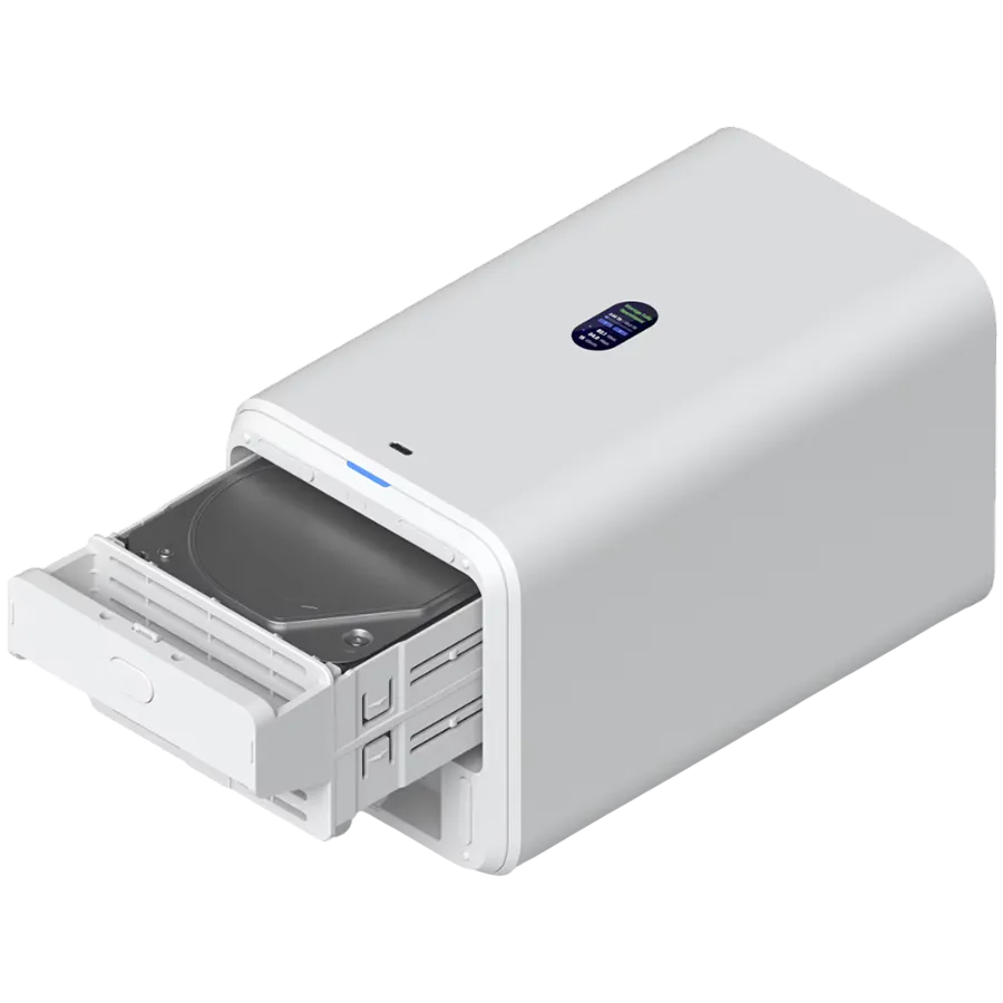 Ubiquiti UniFi UNAS-2-W-EU Network Attached Storage with (2) 3.5inch HDD bays, 2.5 GbE networking, USB-C connectivity, and an included PoE++ adapter, all in a compact footprint Slika 2