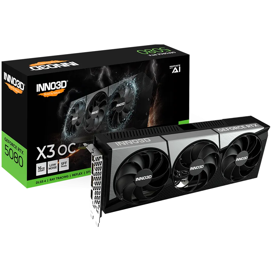 INNO3D NVIDIA GEFORCE RTX 5080 X3 OC 16GB GDDR7 256bit, 2460 MHz / 30Gbps, 3x DP, 1x HDMI, 3 fan, 2,5 slot Slika 1