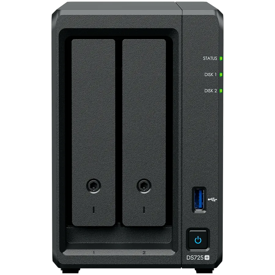 Synology DS725+, Tower, 2-Bays 3.5'' SATA HDD/SSD, 2 x M.2 2280 NVMe SSD, CPU AMD Ryzen R1600 dual-core (4-thread), max. boost up to 3.1 GHz, 4 GB DDR4 ECC SODIMM, 1 x 2.5 GbE, 1 x 1GbE, 1 x USB 3.2, 1 x eSATA USB-C, 1.51 kg, 3y Slika 1