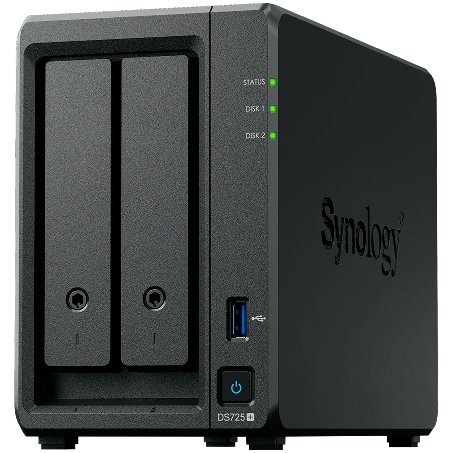 Synology DS725+, Tower, 2-Bays 3.5'' SATA HDD/SSD, 2 x M.2 2280 NVMe SSD, CPU AMD Ryzen R1600 dual-core (4-thread), max. boost up to 3.1 GHz, 4 GB DDR4 ECC SODIMM, 1 x 2.5 GbE, 1 x 1GbE, 1 x USB 3.2, 1 x eSATA USB-C, 1.51 kg, 3y Slika 2