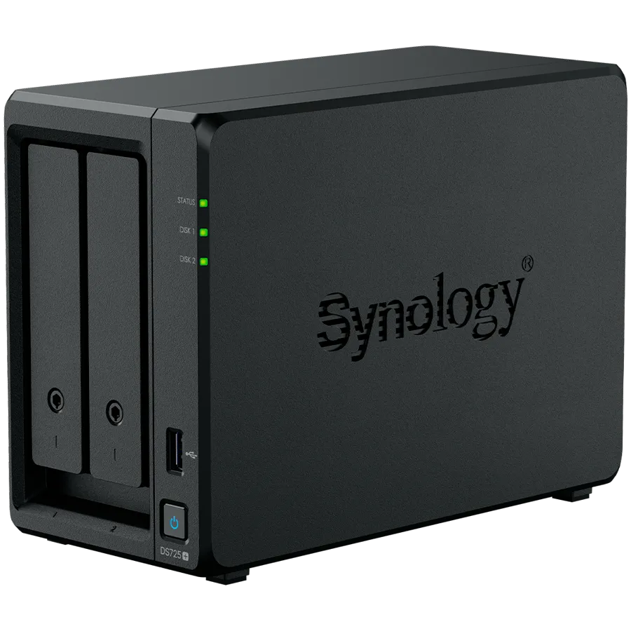 Synology DS725+, Tower, 2-Bays 3.5'' SATA HDD/SSD, 2 x M.2 2280 NVMe SSD, CPU AMD Ryzen R1600 dual-core (4-thread), max. boost up to 3.1 GHz, 4 GB DDR4 ECC SODIMM, 1 x 2.5 GbE, 1 x 1GbE, 1 x USB 3.2, 1 x eSATA USB-C, 1.51 kg, 3y Slika 3